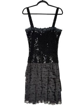 VTG Alfred Angelo Flirtations Dress Sz 7/8 Sequin Tiered Lace Black Union Made